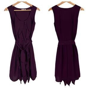 eSHAKTI Women's S Purple Sleeveless Ruffle Front Belted Tank Knee Length Dress